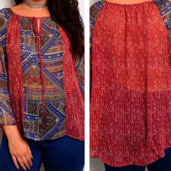 Round Tassel Tie Neckline Multicolor Tribal Lightweight Blouse - Picture 2 of 4